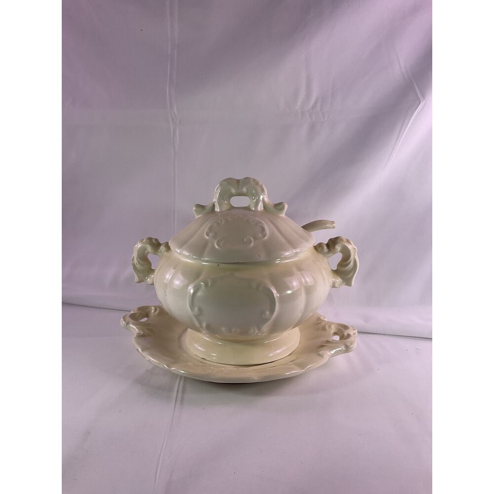 Vintage Ceramic Pedestal Soup Tureen Bowl With Lid, Saucer & Ladle 8" Tall